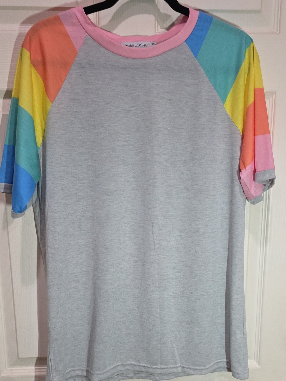 MISSLOOK Light Gray Tee with Pastel Rainbow Raglan Sleeves